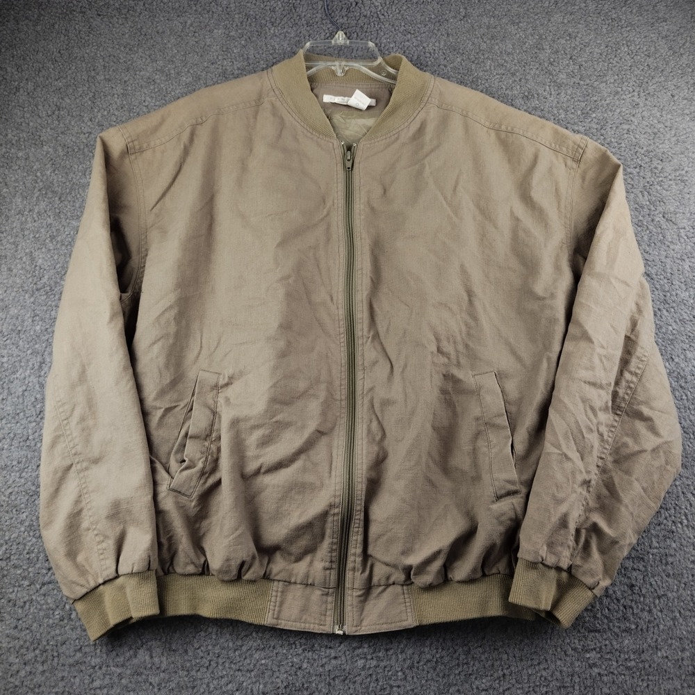 Perry Ellis Mens Linen Cotton Bomber Jacket Khaki Tan Full Zip Size Large 42